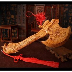 Peach Wood Dragon Phoenix Carved Axe - Image 5