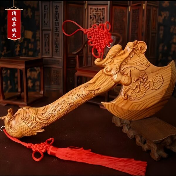 Peach Wood Dragon Phoenix Carved Axe
