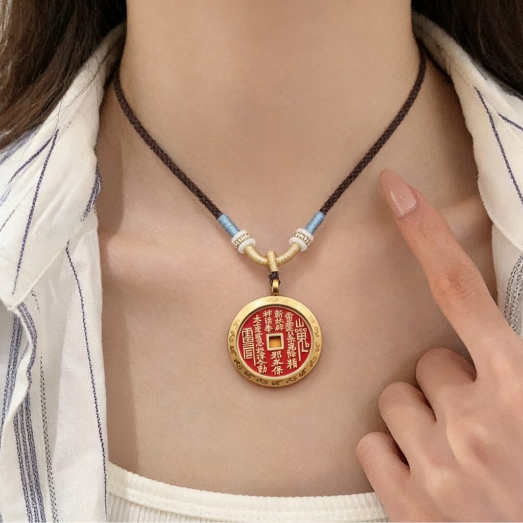 Vintage Brass Ruyi Cloud Shangui Coin Pendant Necklace