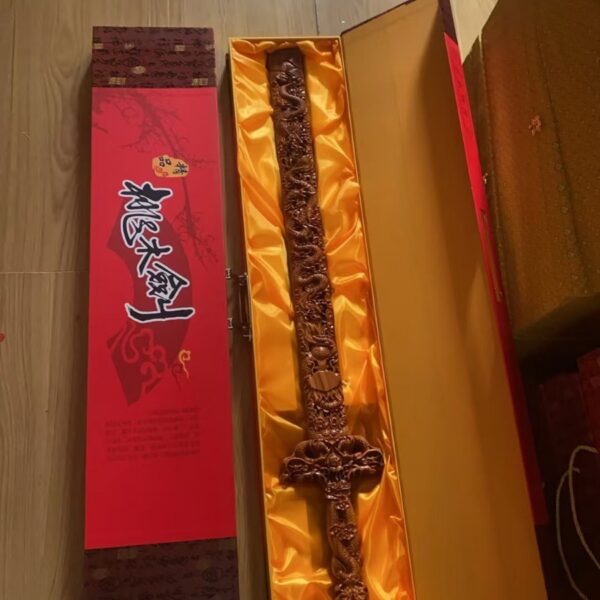 Natural Peach Wood Hollow Double Dragon Carved Sword