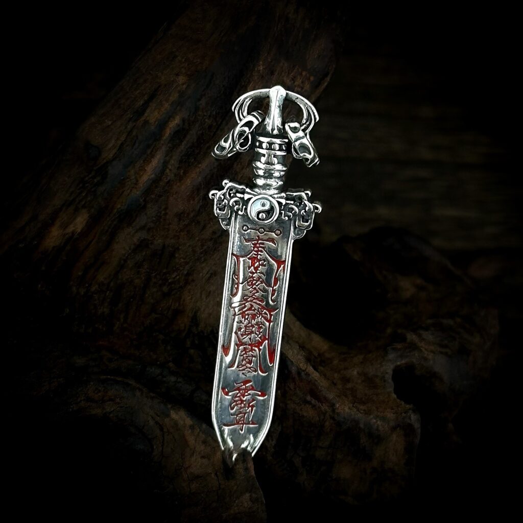 Antique finish S925 sterling silver Taoist ritual sword pendant engraved Yin Yang Bagua Ziwei symbol