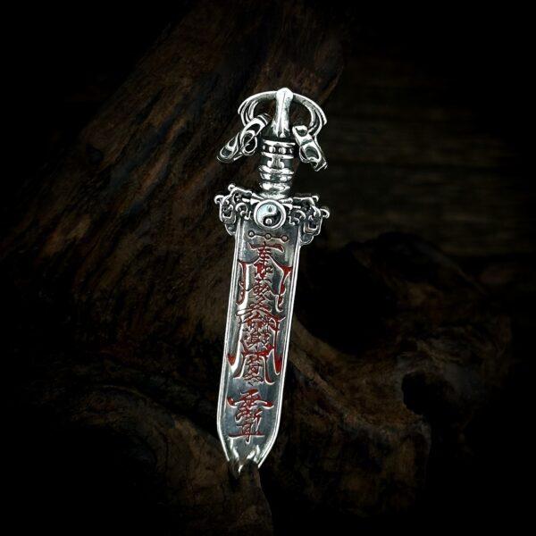 Antique finish S925 sterling silver Taoist ritual sword pendant engraved Yin Yang Bagua Ziwei symbol