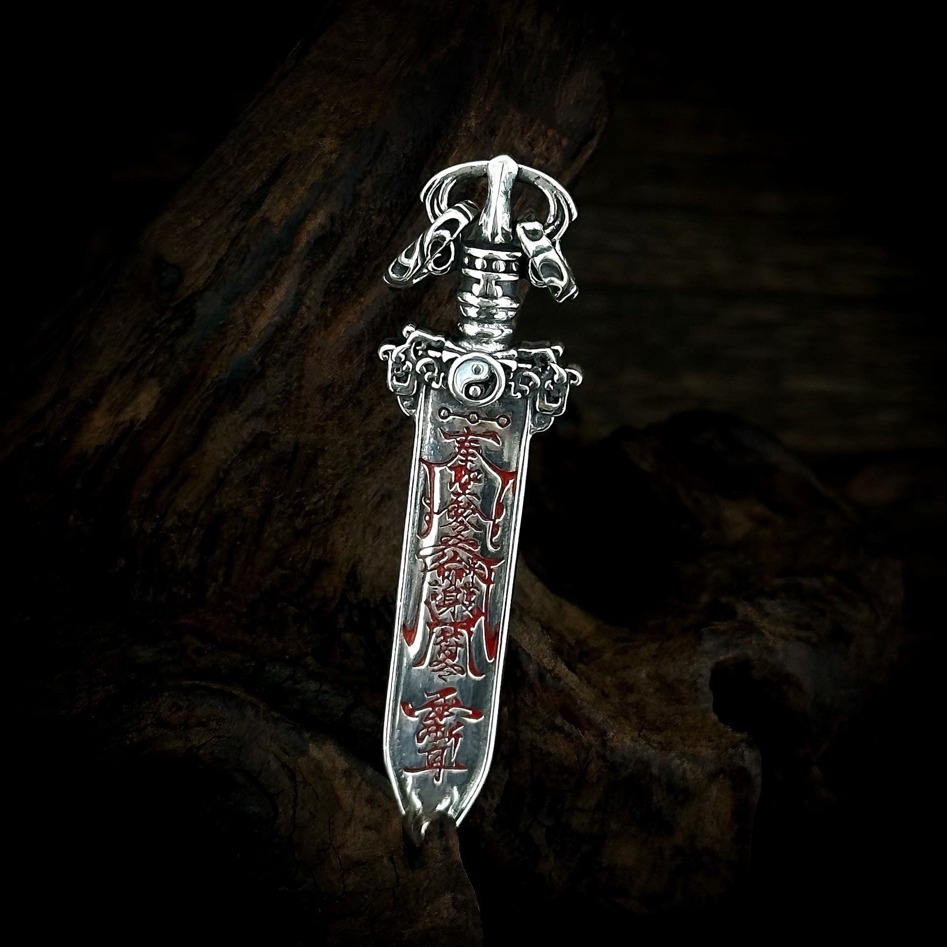 Antique finish S925 sterling silver Taoist ritual sword pendant engraved Yin Yang Bagua Ziwei symbol