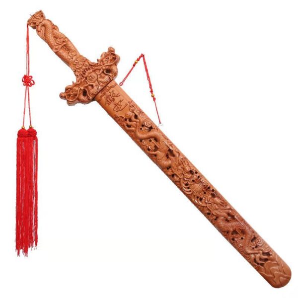 Natural Peach Wood Hollow Double Dragon Carved Sword