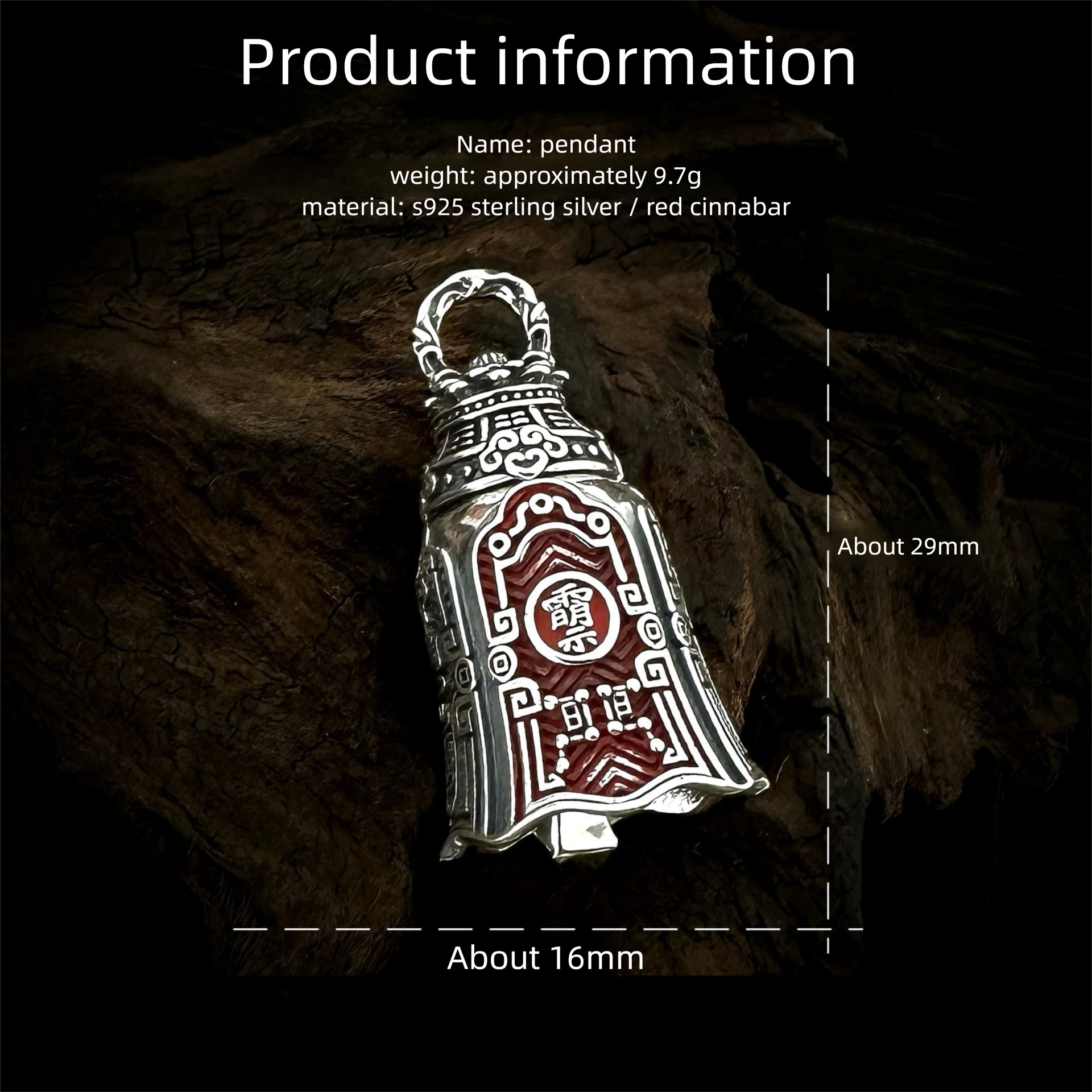 S925 Sterling Silver Taoist Sanqing Bell Pendant Size & Spec Info, Cinnabar Inlay Retro New Chinese Charm