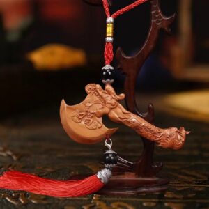 Peach Wood Dragon Phoenix Carved Axe - Image 4