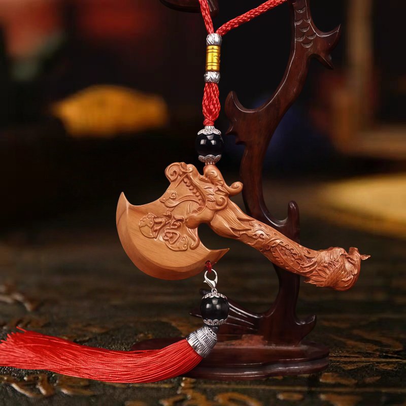 Peach Wood Dragon Phoenix Carved Axe - Image 4