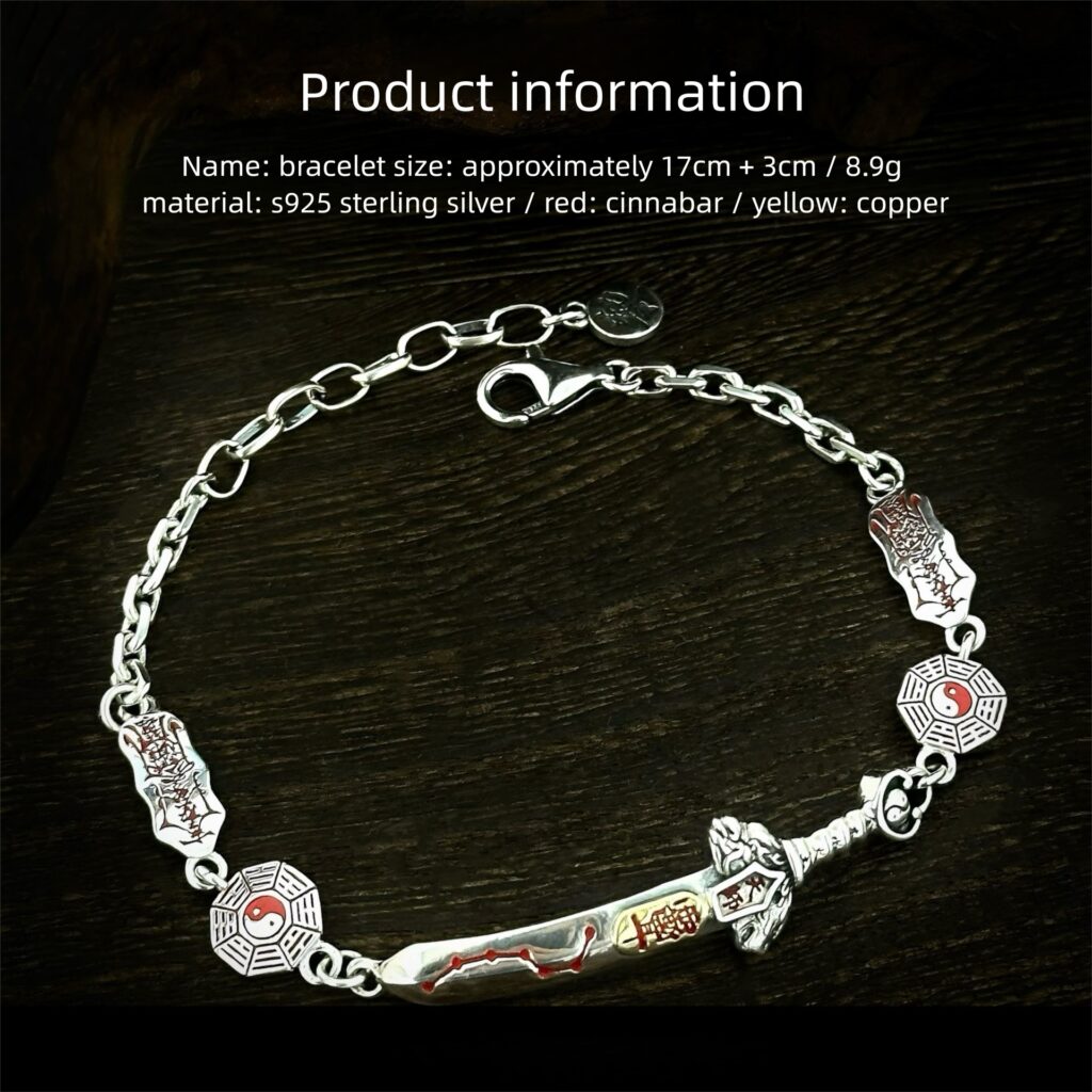S925 sterling silver Tianshi seven star sword Taoist bracelet with bagua yin yang charms and red cinnabar detail, product size info 17cm+3cm extension chain