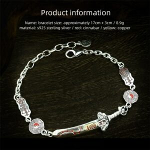 S925 sterling silver Tianshi seven star sword Taoist bracelet with bagua yin yang charms and red cinnabar detail, product size info 17cm+3cm extension chain