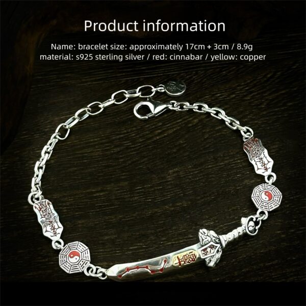 S925 sterling silver Tianshi seven star sword Taoist bracelet with bagua yin yang charms and red cinnabar detail, product size info 17cm+3cm extension chain