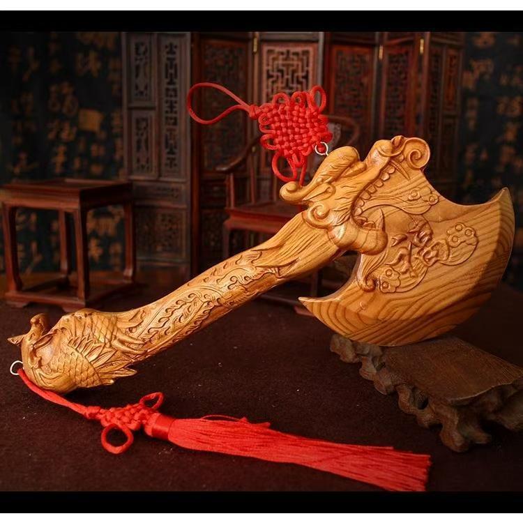 Peach Wood Dragon Phoenix Carved Axe - Image 3