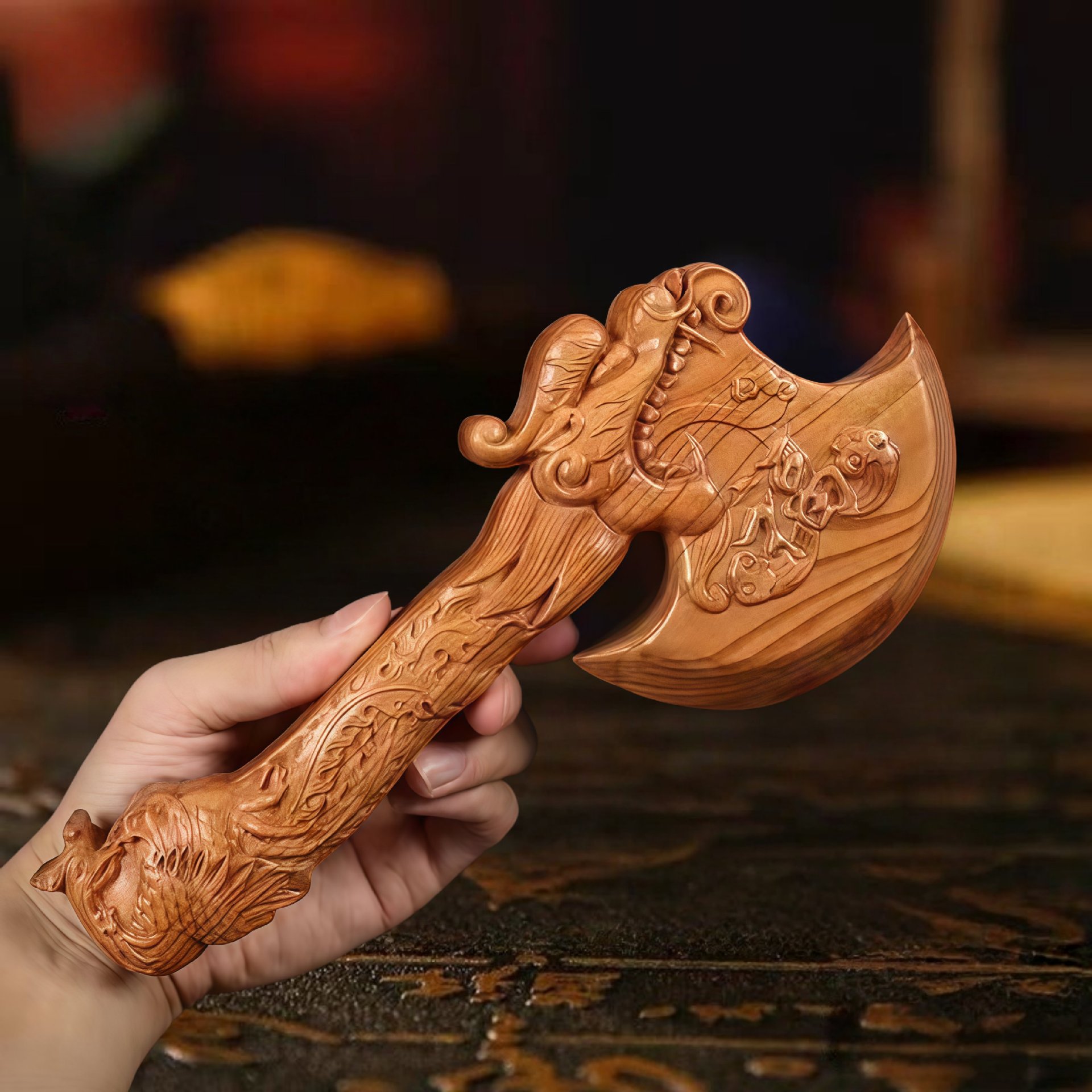 Peach Wood Dragon Phoenix Carved Axe - Image 2