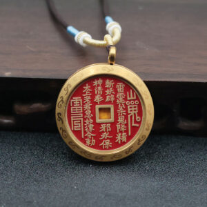Vintage Brass Ruyi Cloud Shangui Coin Pendant Necklace, Oriental Taoist Cinnabar Inlay Round Coin Charm Adjustable Braided Cord Necklace for Men Women, Traditional Chinese Zen Symbol Neck Jewelry