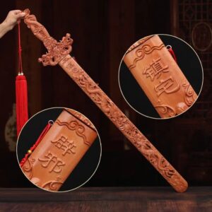 Natural Peach Wood Hollow Double Dragon Carved Sword