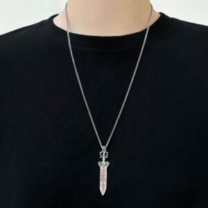Model wearing S925 silver new Chinese style Bagua Ziwei sword pendant necklace daily outfit